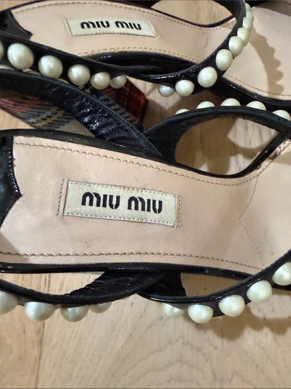 Miu Miu Black Patent Leather Pearl-Trimmed Ankle-Strap Heels - Picture 3 of 3